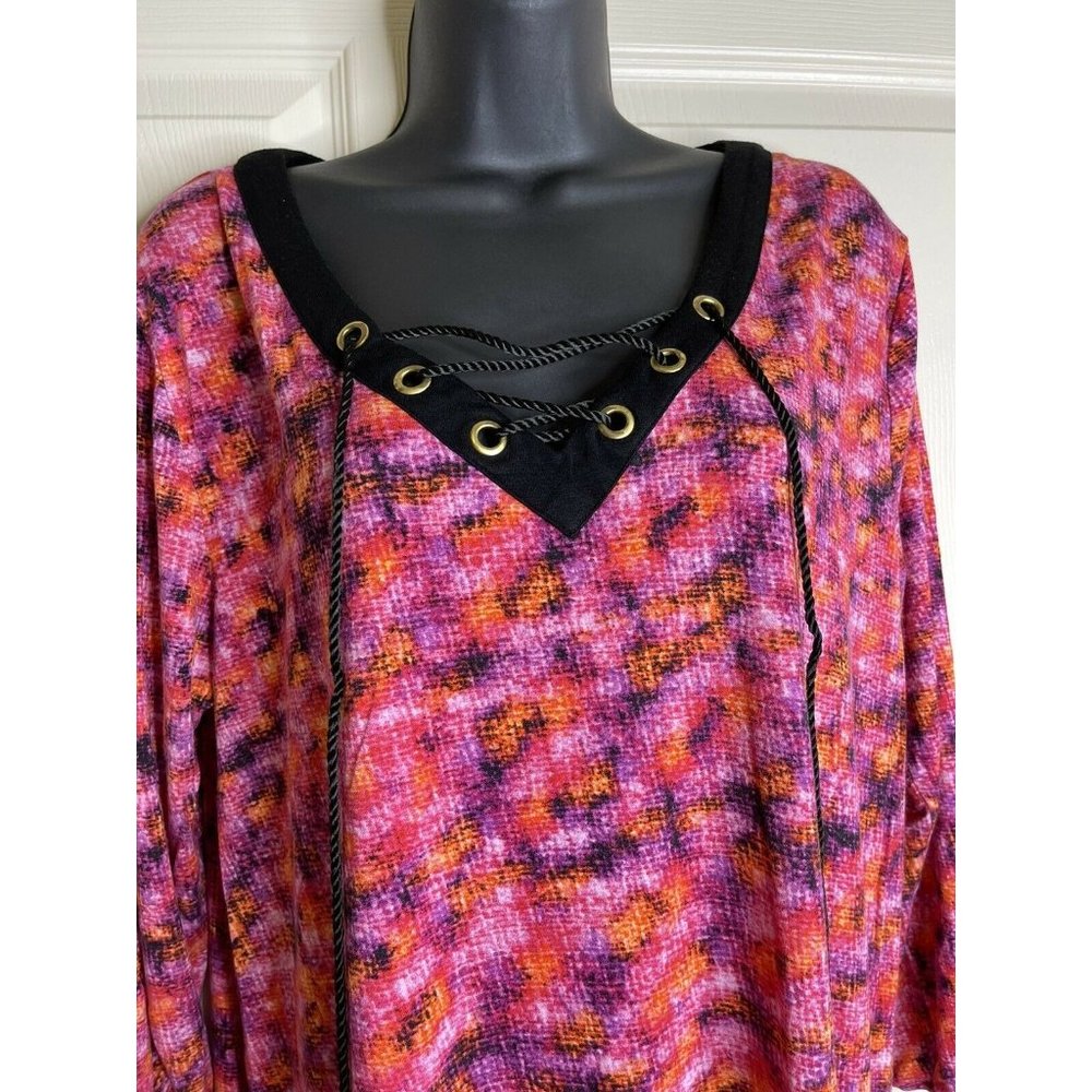 August Silk Top Womens Size XL Long Sleeve Purple Pink Coral Black Stretch Rayon - Picture 3 of 9